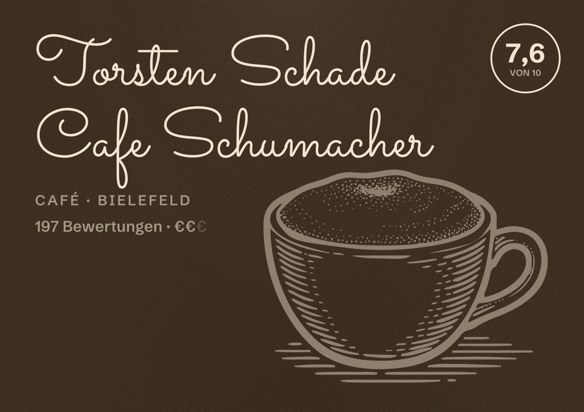Illustriertes Poster von Torsten Schade Cafe Schumacher, Café in Bielefeld: Bewertung 7,6 von 10 aus 197 Bewertungen, Preisniveau €€