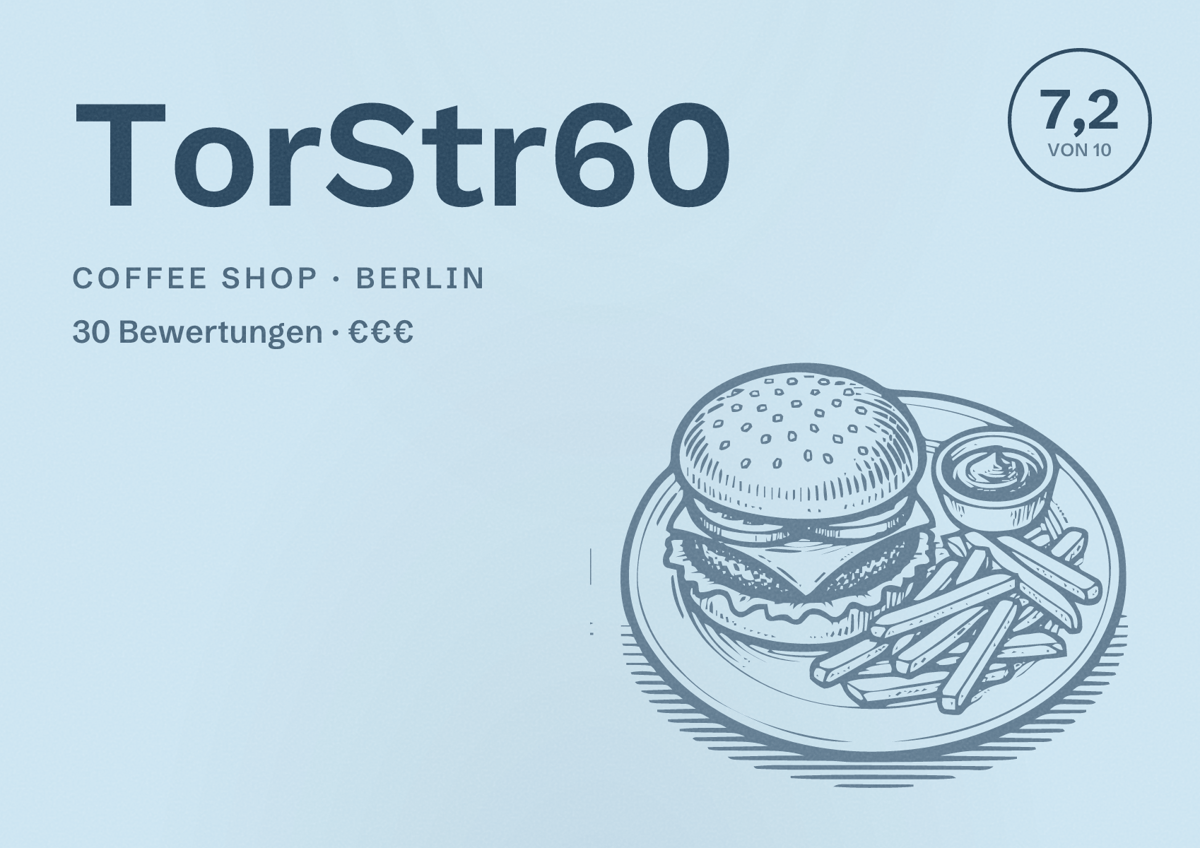 Illustriertes Poster von TorStr60, Coffee Shop in Berlin: Bewertung 7,2 von 10 aus 30 Bewertungen, Preisniveau €€€