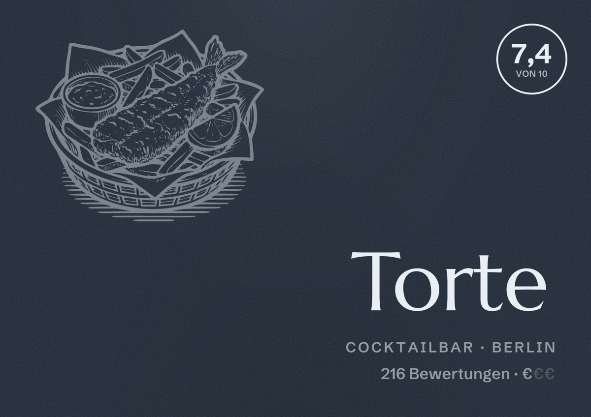 Illustriertes Poster von Torte, Cocktailbar in Berlin: Bewertung 7,4 von 10 aus 216 Bewertungen, Preisniveau €