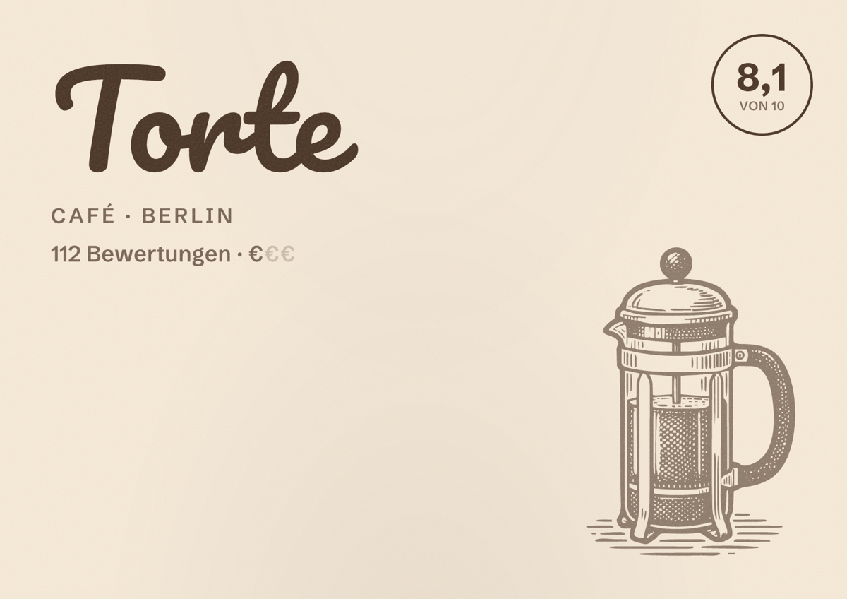 Illustriertes Poster von Torte, Café in Berlin: Bewertung 8,1 von 10 aus 112 Bewertungen, Preisniveau €