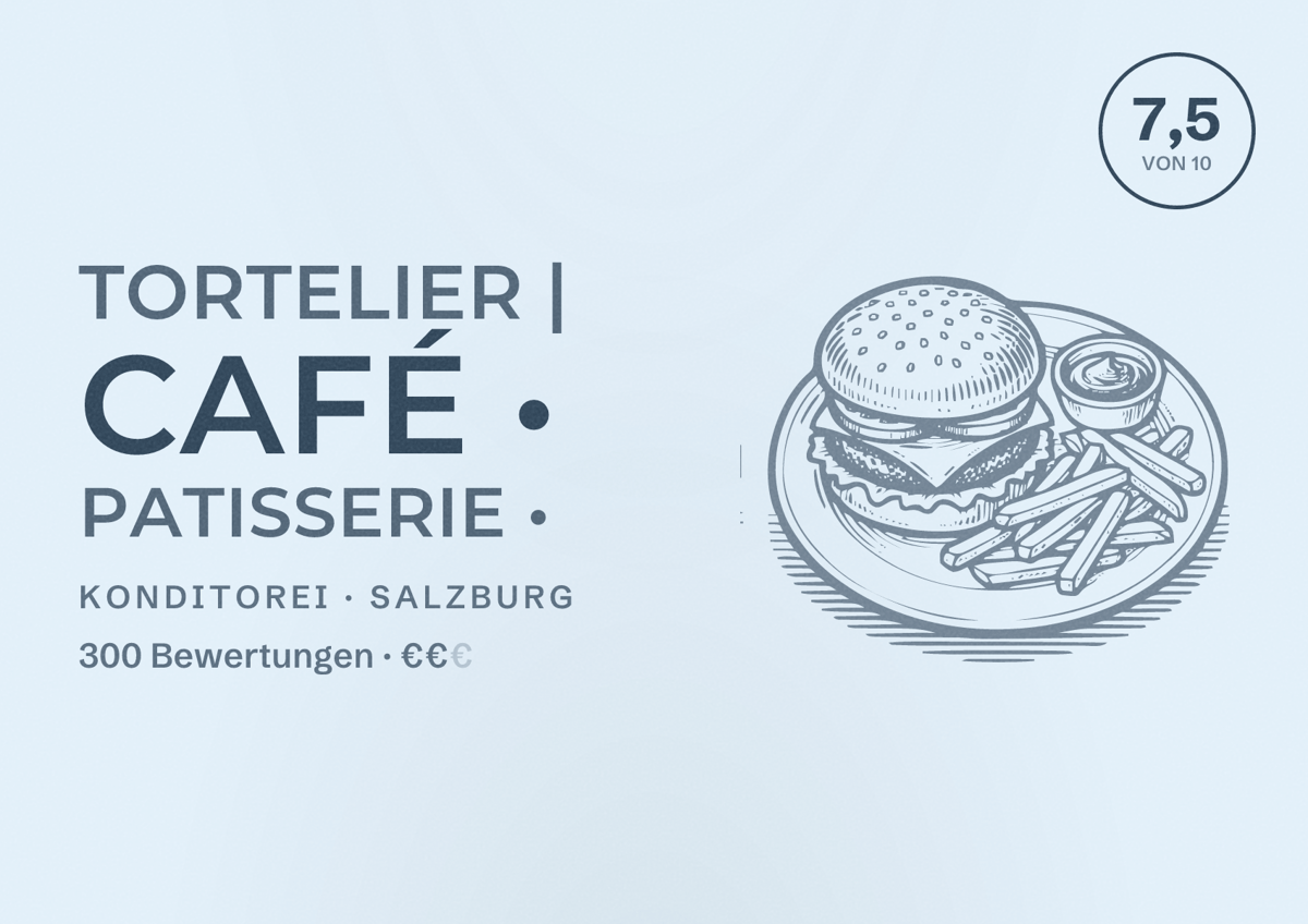 Illustriertes Poster von Tortelier | Café • Patisserie •, Konditorei in Salzburg: Bewertung 7,5 von 10 aus 300 Bewertungen, Preisniveau €€