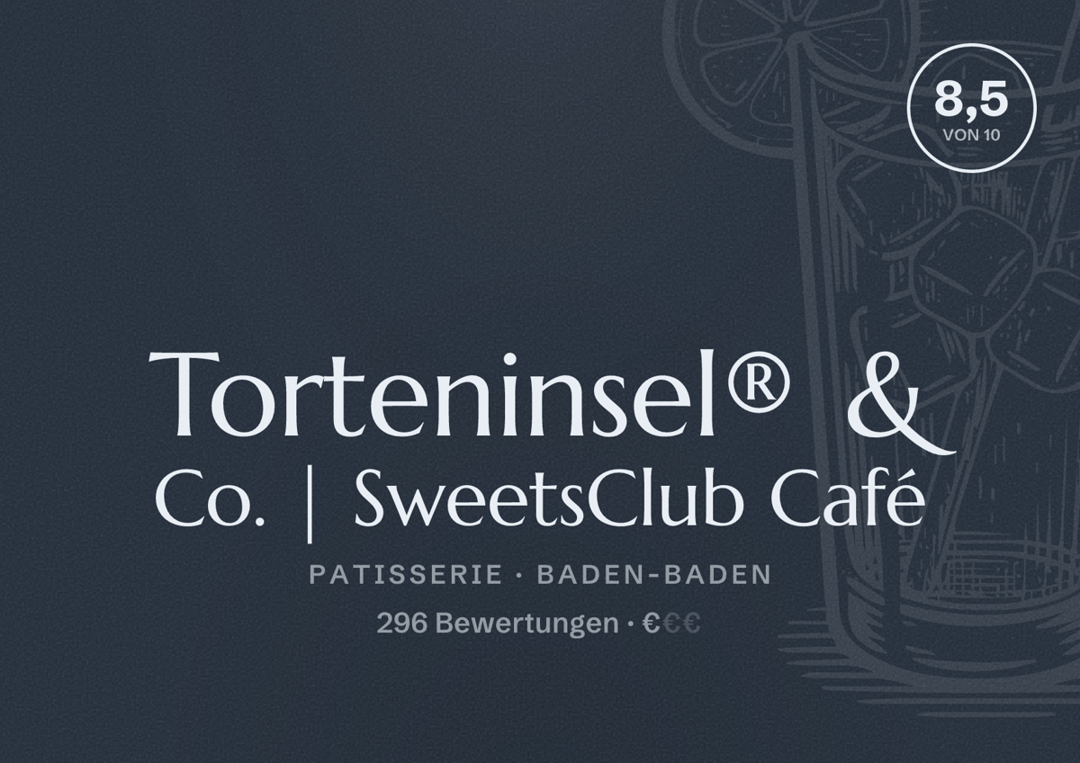 Illustriertes Poster von Torteninsel® & Co. | SweetsClub Café, Patisserie in Baden-Baden: Bewertung 8,5 von 10 aus 296 Bewertungen, Preisniveau €