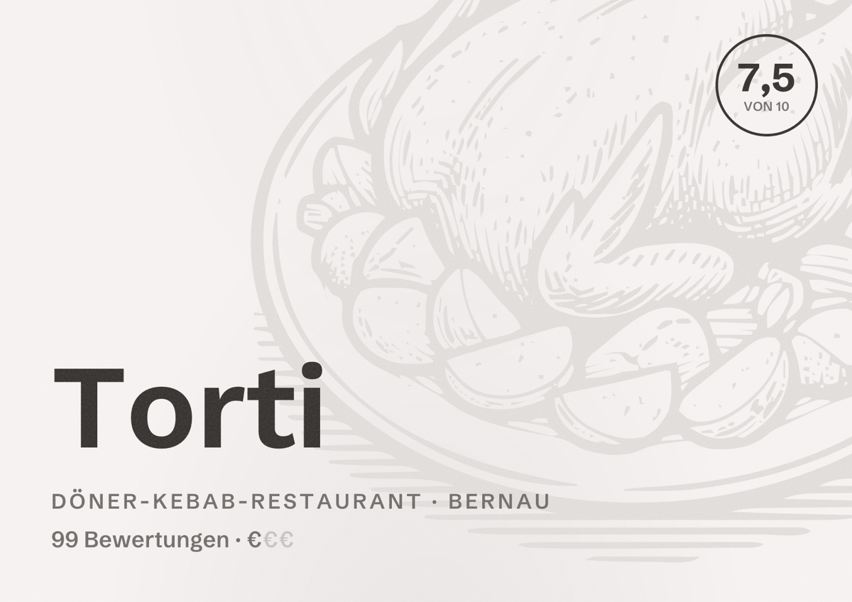 Illustriertes Poster von Torti, Döner-Kebab-Restaurant in Bernau: Bewertung 7,5 von 10 aus 99 Bewertungen, Preisniveau €