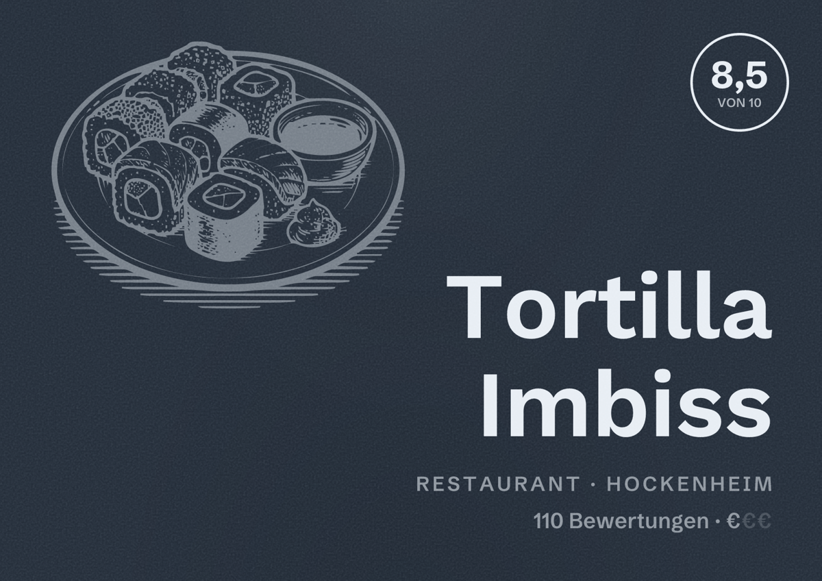 Illustriertes Poster von Tortilla Imbiss, Restaurant in Hockenheim: Bewertung 8,5 von 10 aus 110 Bewertungen, Preisniveau €