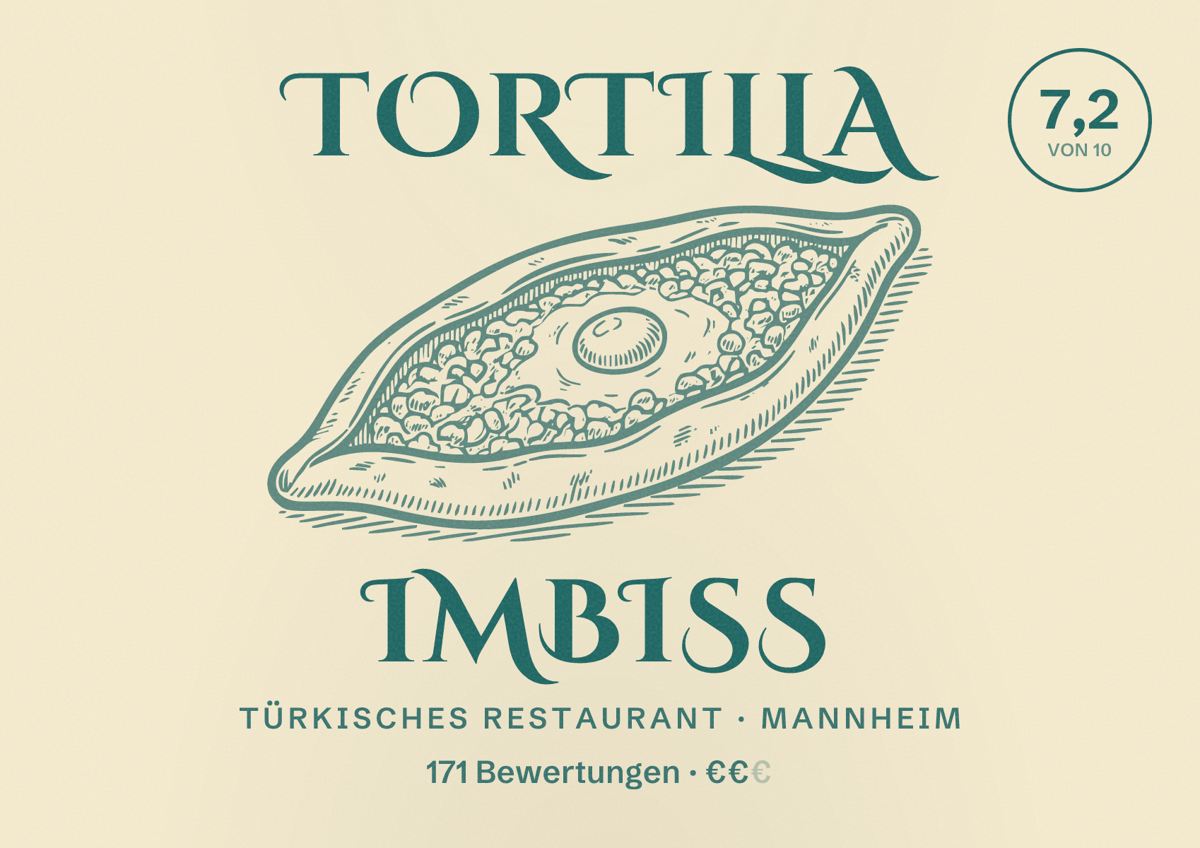 Illustriertes Poster von Tortilla Imbiss, Türkisches Restaurant in Mannheim: Bewertung 7,2 von 10 aus 171 Bewertungen, Preisniveau €€
