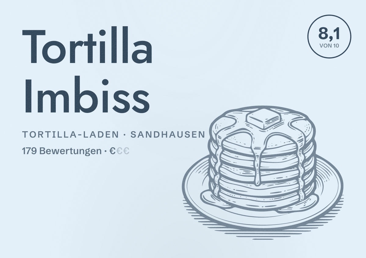 Illustriertes Poster von Tortilla Imbiss, Tortilla-Laden in Sandhausen: Bewertung 8,1 von 10 aus 179 Bewertungen, Preisniveau €