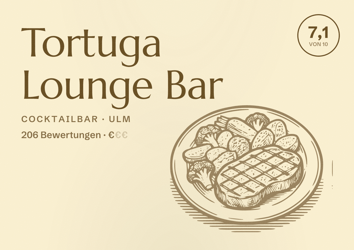 Illustriertes Poster von Tortuga Lounge Bar, Cocktailbar in Ulm: Bewertung 7,1 von 10 aus 206 Bewertungen, Preisniveau €