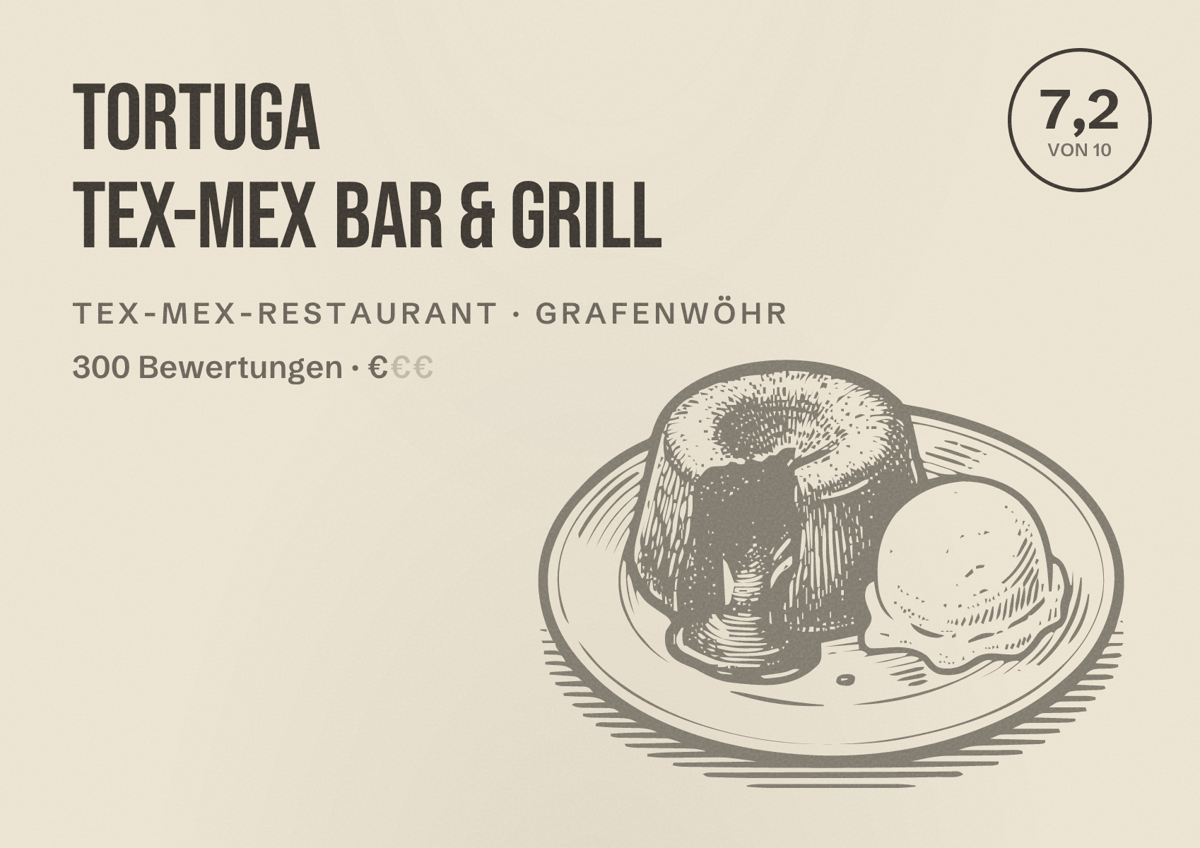 Illustriertes Poster von Tortuga Tex-Mex Bar & Grill, Tex-Mex-Restaurant in Grafenwöhr: Bewertung 7,2 von 10 aus 300 Bewertungen, Preisniveau €