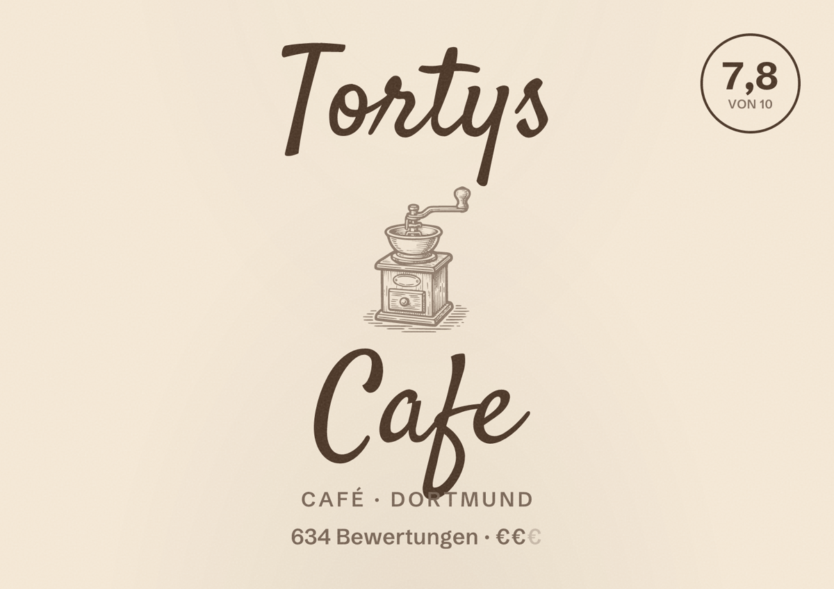 Illustriertes Poster von Tortys Cafe, Café in Dortmund: Bewertung 7,8 von 10 aus 634 Bewertungen, Preisniveau €€