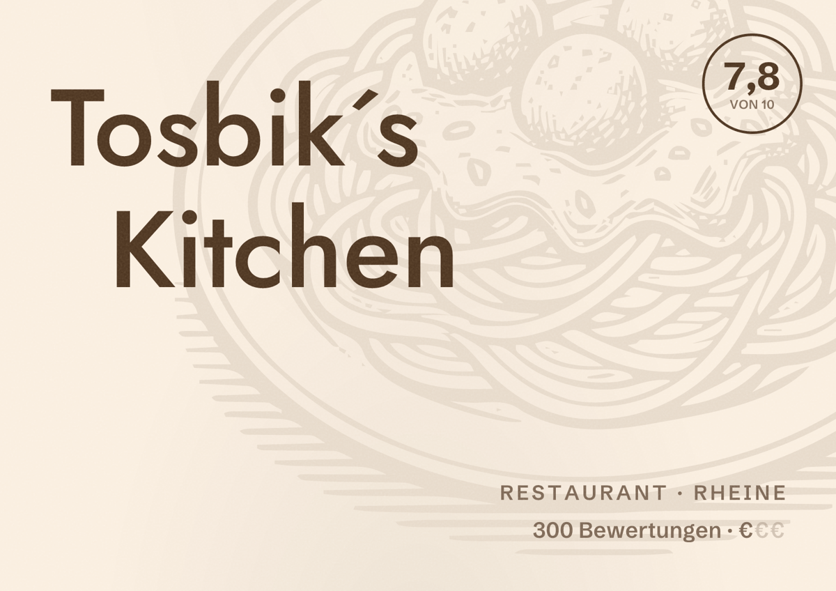 Illustriertes Poster von Tosbik´s Kitchen, Restaurant in Rheine: Bewertung 7,8 von 10 aus 300 Bewertungen, Preisniveau €