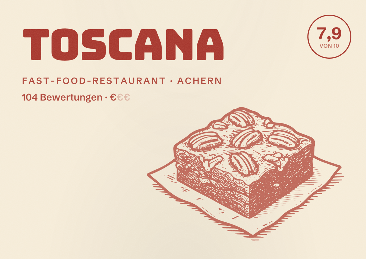 Illustriertes Poster von Toscana, Fast-Food-Restaurant in Achern: Bewertung 7,9 von 10 aus 104 Bewertungen, Preisniveau €