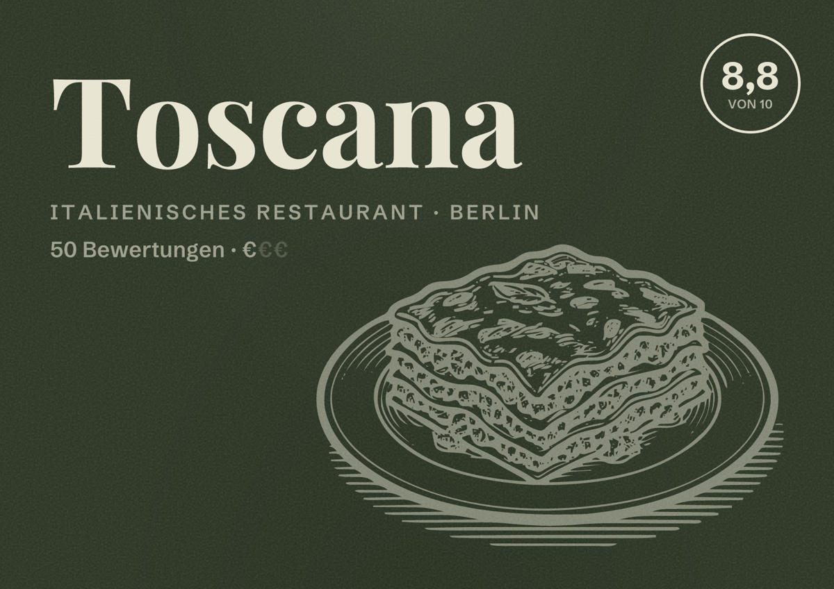 Illustriertes Poster von Toscana, Italienisches Restaurant in Berlin: Bewertung 8,8 von 10 aus 50 Bewertungen, Preisniveau €