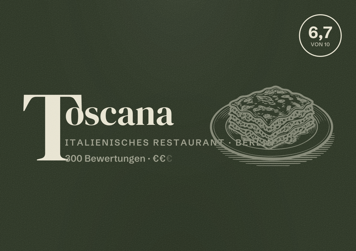 Illustriertes Poster von Toscana, Italienisches Restaurant in Berlin: Bewertung 6,7 von 10 aus 300 Bewertungen, Preisniveau €€