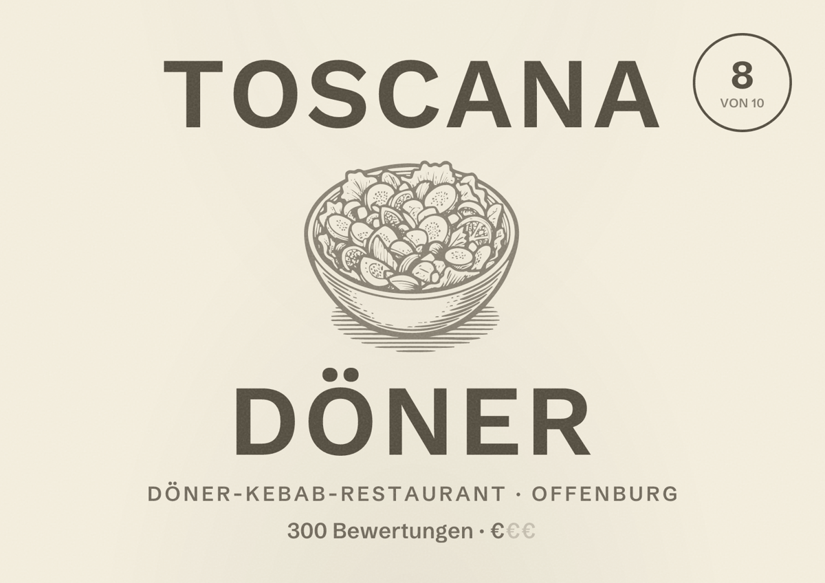 Illustriertes Poster von Toscana Döner, Döner-Kebab-Restaurant in Offenburg: Bewertung 8 von 10 aus 300 Bewertungen, Preisniveau €