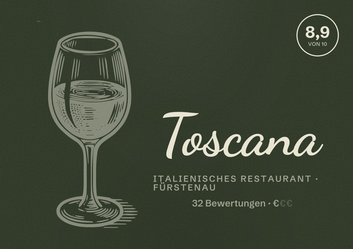 Illustriertes Poster von Toscana, Italienisches Restaurant in Fürstenau: Bewertung 8,9 von 10 aus 32 Bewertungen, Preisniveau €