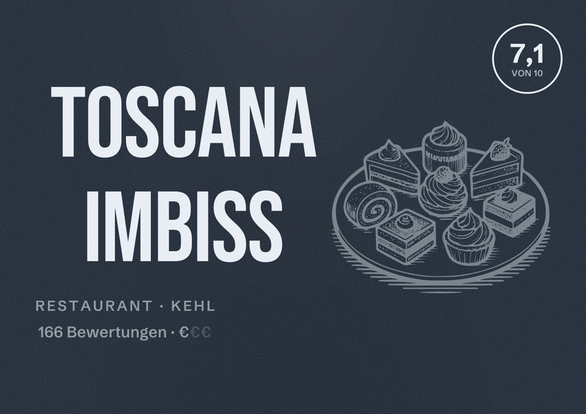 Illustriertes Poster von Toscana Imbiss, Restaurant in Kehl: Bewertung 7,1 von 10 aus 166 Bewertungen, Preisniveau €