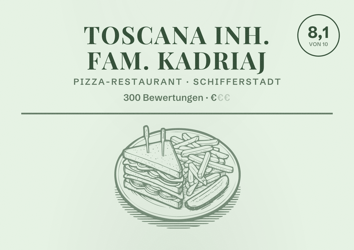 Illustriertes Poster von Toscana Inh. Fam. Kadriaj, Pizza-Restaurant in Schifferstadt: Bewertung 8,1 von 10 aus 300 Bewertungen, Preisniveau €