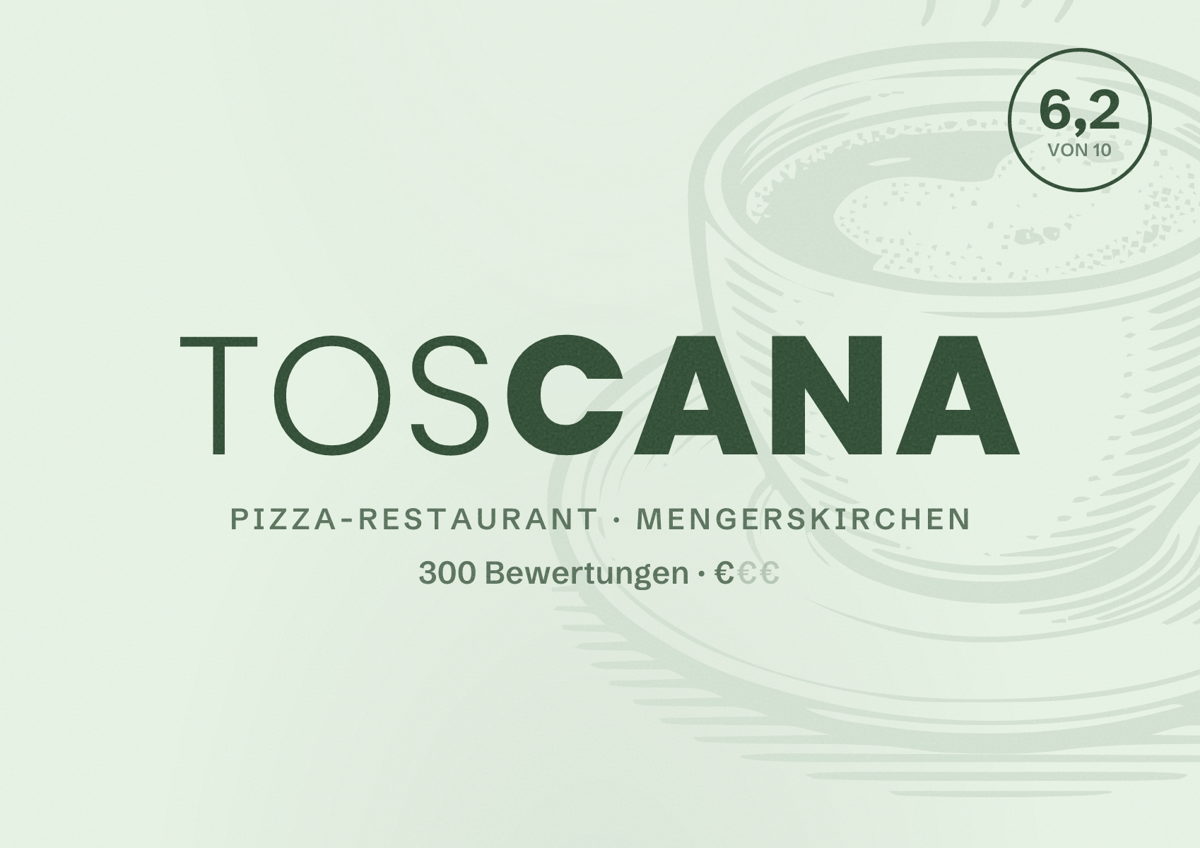 Illustriertes Poster von Toscana, Pizza-Restaurant in Mengerskirchen: Bewertung 6,2 von 10 aus 300 Bewertungen, Preisniveau €