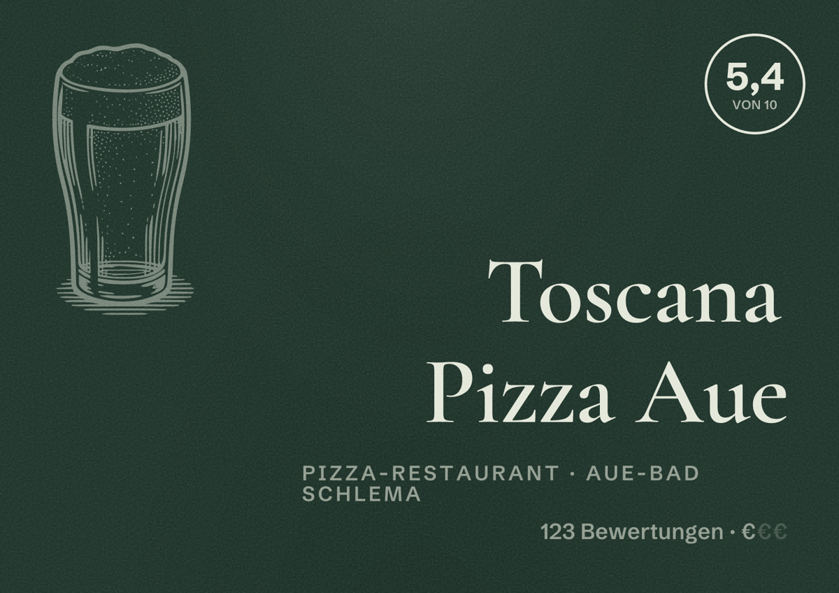 Illustriertes Poster von Toscana Pizza Aue, Pizza-Restaurant in Aue-Bad Schlema: Bewertung 5,4 von 10 aus 123 Bewertungen, Preisniveau €