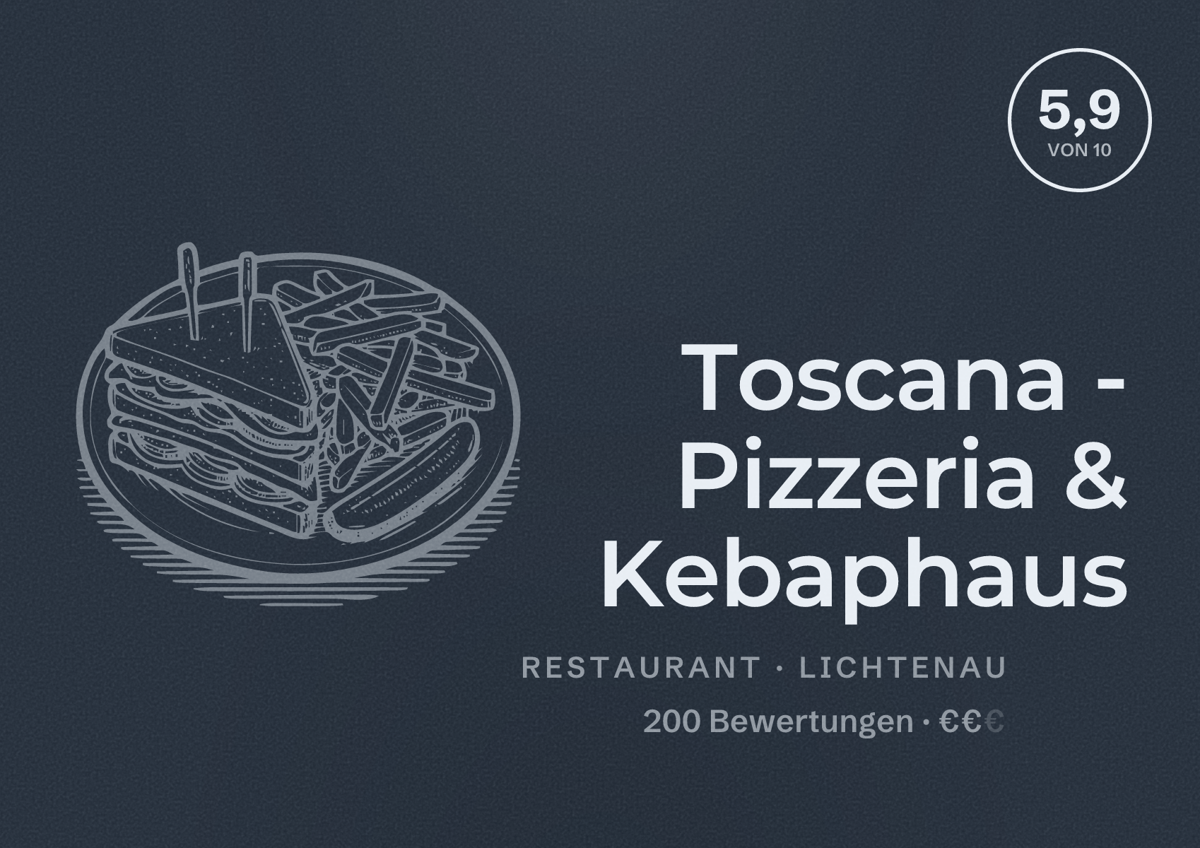 Illustriertes Poster von Toscana - Pizzeria & Kebaphaus, Restaurant in Lichtenau: Bewertung 5,9 von 10 aus 200 Bewertungen, Preisniveau €€