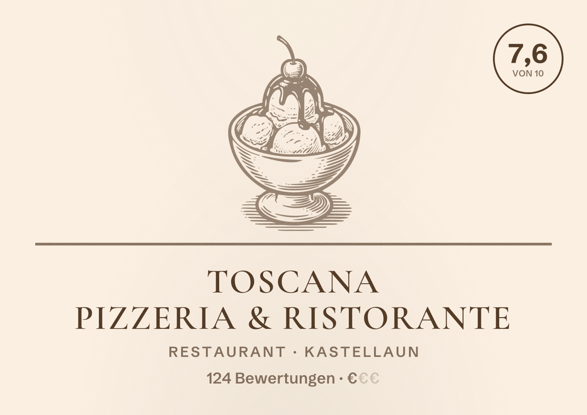 Illustriertes Poster von Toscana Pizzeria & Ristorante, Restaurant in Kastellaun: Bewertung 7,6 von 10 aus 124 Bewertungen, Preisniveau €