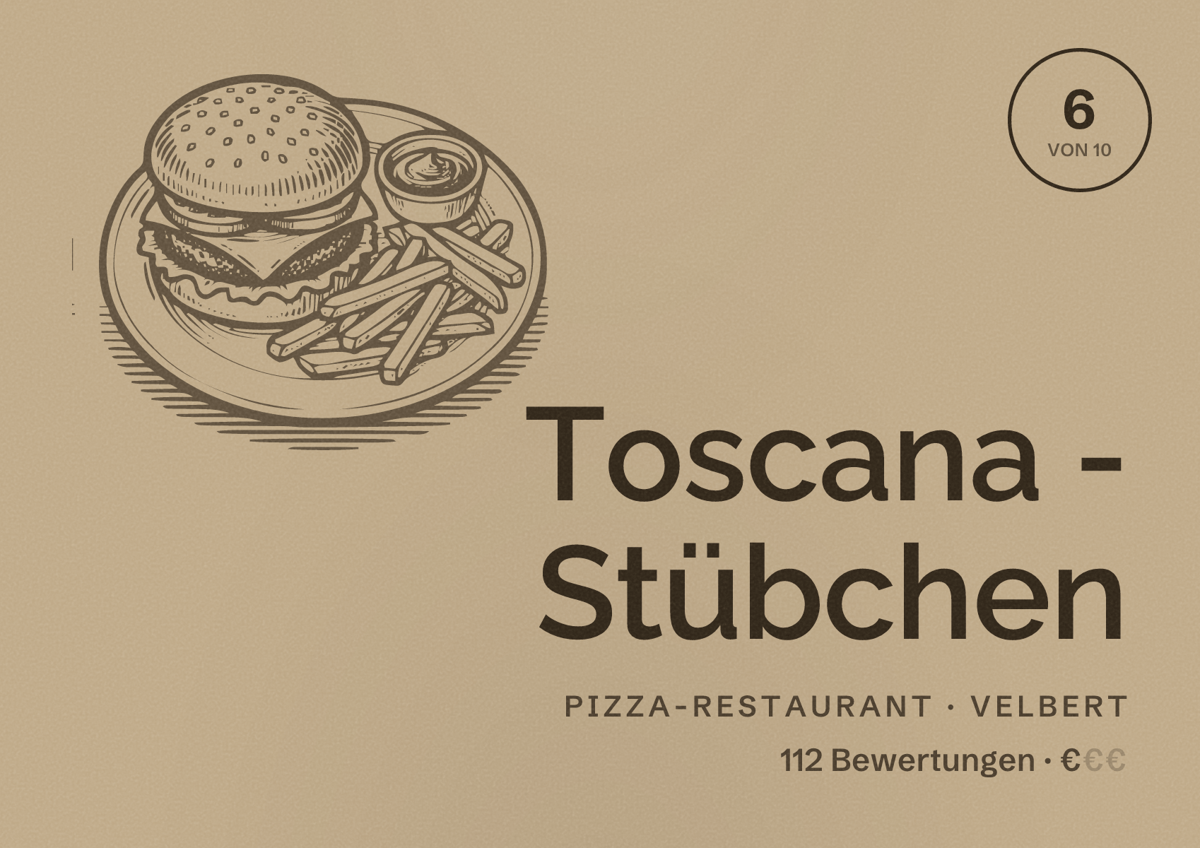 Illustriertes Poster von Toscana - Stübchen, Pizza-Restaurant in Velbert: Bewertung 6 von 10 aus 112 Bewertungen, Preisniveau €