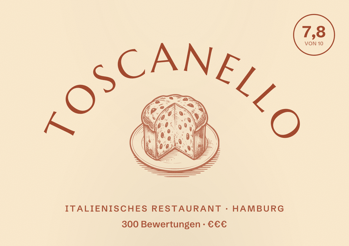 Illustriertes Poster von Toscanello, Italienisches Restaurant in Hamburg: Bewertung 7,8 von 10 aus 300 Bewertungen, Preisniveau €€€