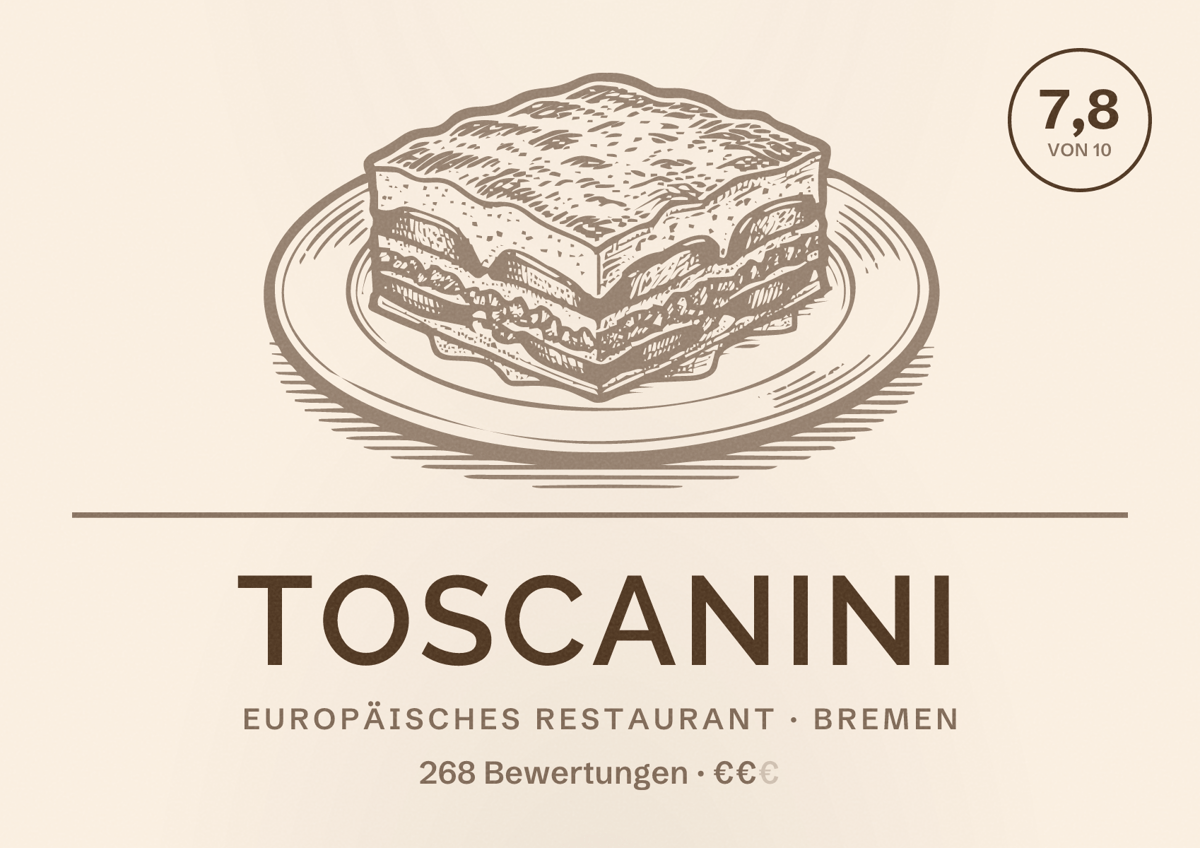 Illustriertes Poster von Toscanini, Europäisches Restaurant in Bremen: Bewertung 7,8 von 10 aus 268 Bewertungen, Preisniveau €€