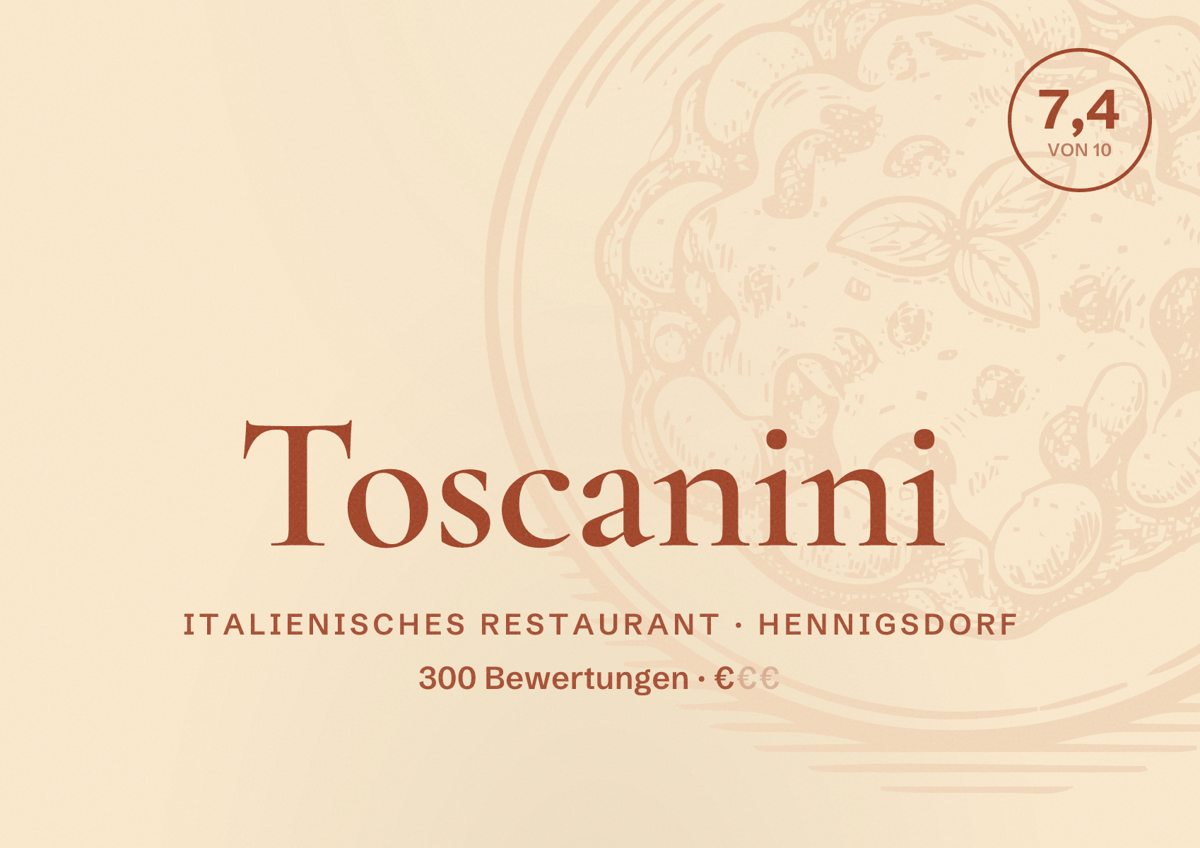 Illustriertes Poster von Toscanini, Italienisches Restaurant in Hennigsdorf: Bewertung 7,4 von 10 aus 300 Bewertungen, Preisniveau €