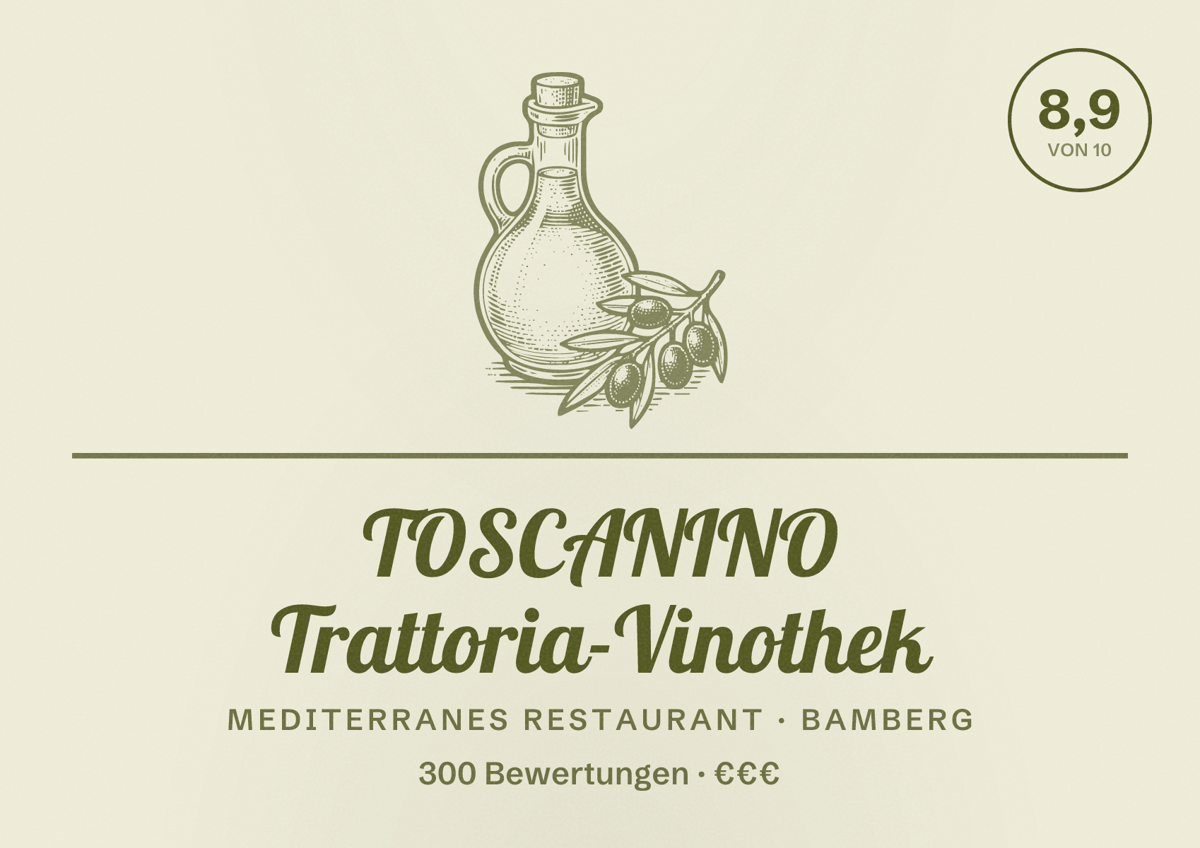 Illustriertes Poster von TOSCANINO Trattoria-Vinothek, Mediterranes Restaurant in Bamberg: Bewertung 8,9 von 10 aus 300 Bewertungen, Preisniveau €€€