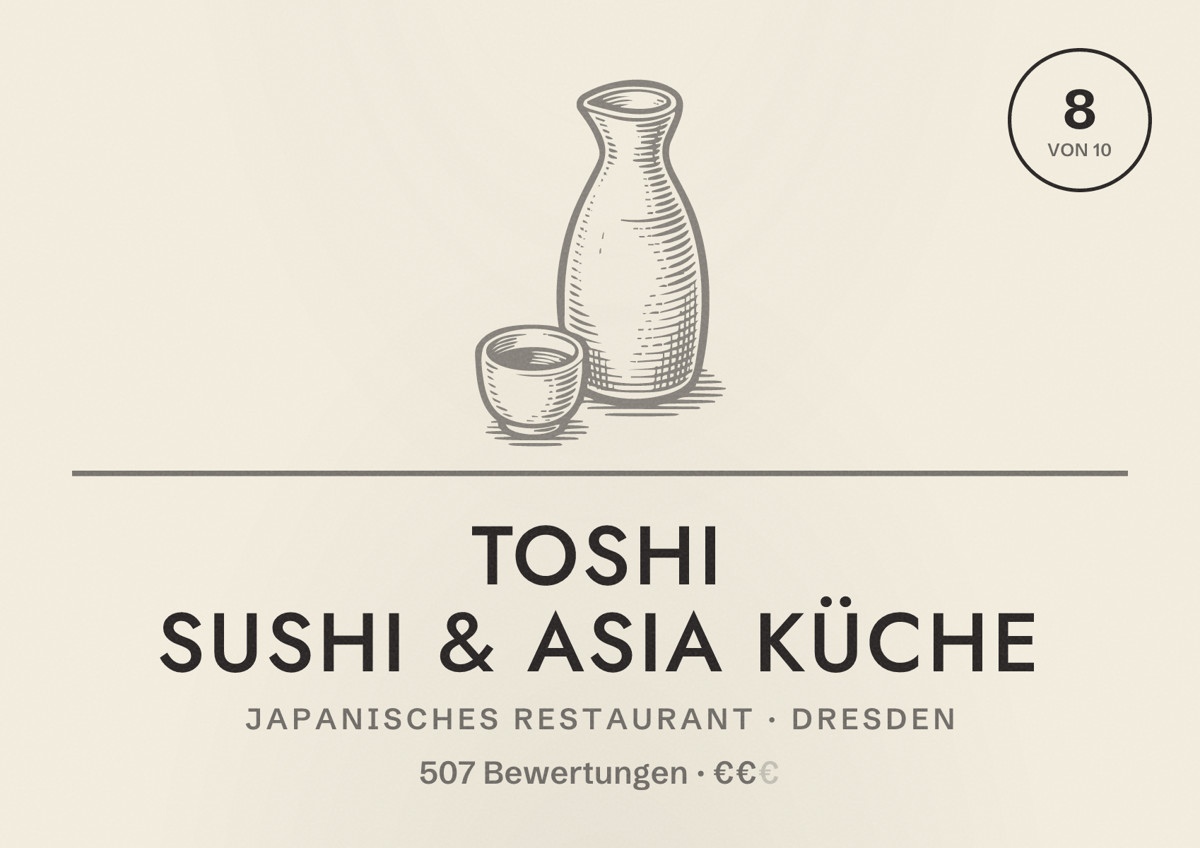 Illustriertes Poster von Toshi Sushi & Asia Küche, Japanisches Restaurant in Dresden: Gästebewertung 8,0 von 10 aus 507 Bewertungen
