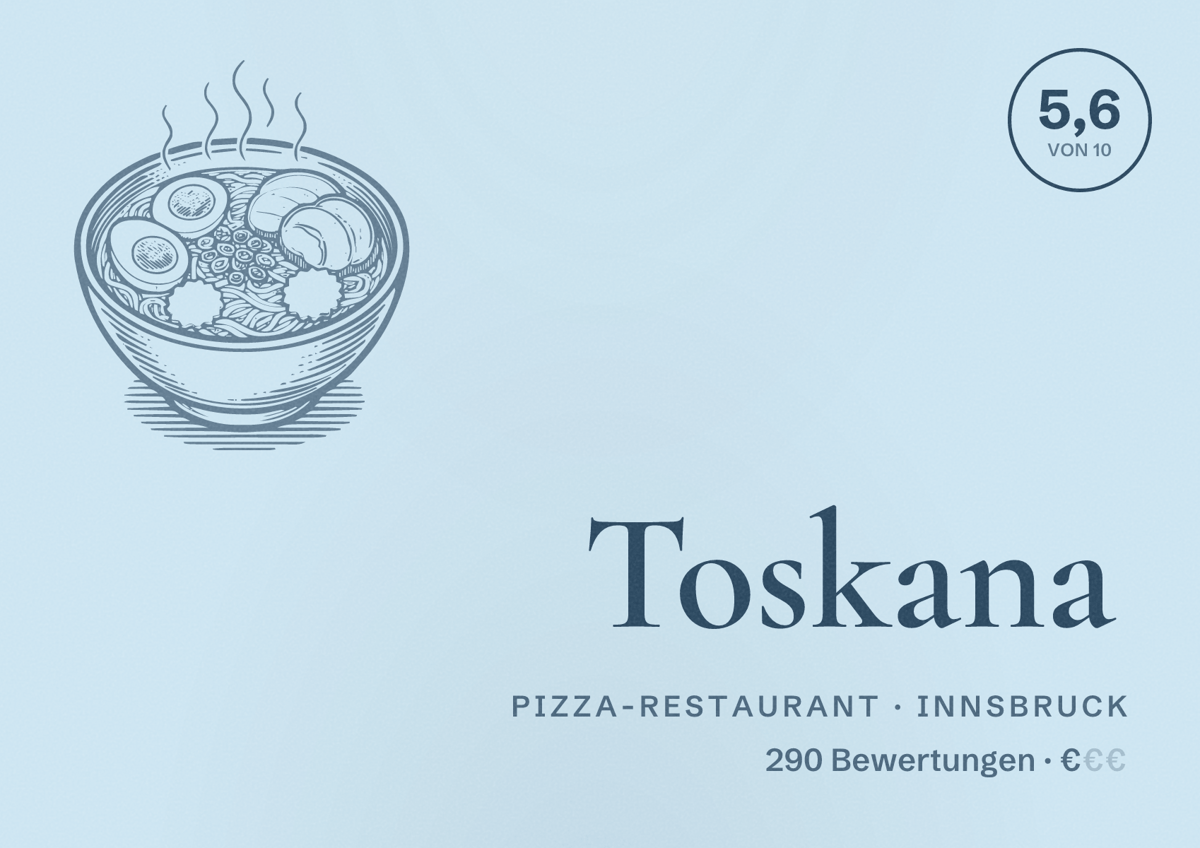 Illustriertes Poster von Toskana, Pizza-Restaurant in Innsbruck: Bewertung 5,6 von 10 aus 290 Bewertungen, Preisniveau €