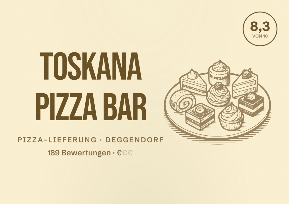 Illustriertes Poster von Toskana Pizza Bar, Pizza-Lieferung in Deggendorf: Bewertung 8,3 von 10 aus 189 Bewertungen, Preisniveau €