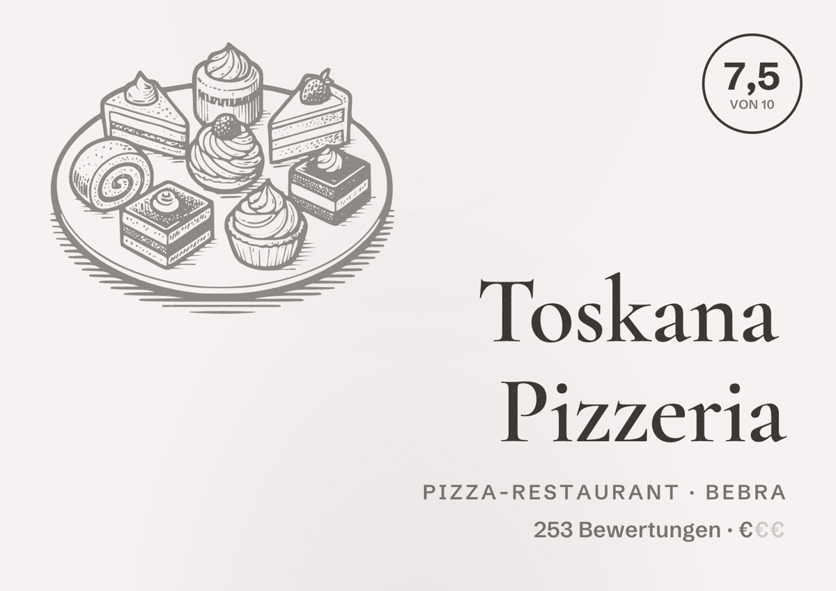 Illustriertes Poster von Toskana Pizzeria, Pizza-Restaurant in Bebra: Bewertung 7,5 von 10 aus 253 Bewertungen, Preisniveau €
