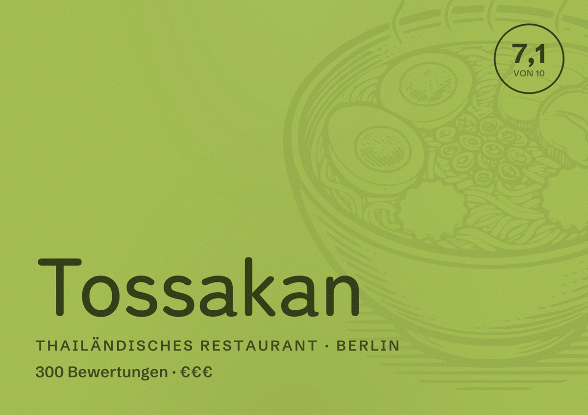 Illustriertes Poster von Tossakan, Thailändisches Restaurant in Berlin: Bewertung 7,1 von 10 aus 300 Bewertungen, Preisniveau €€€