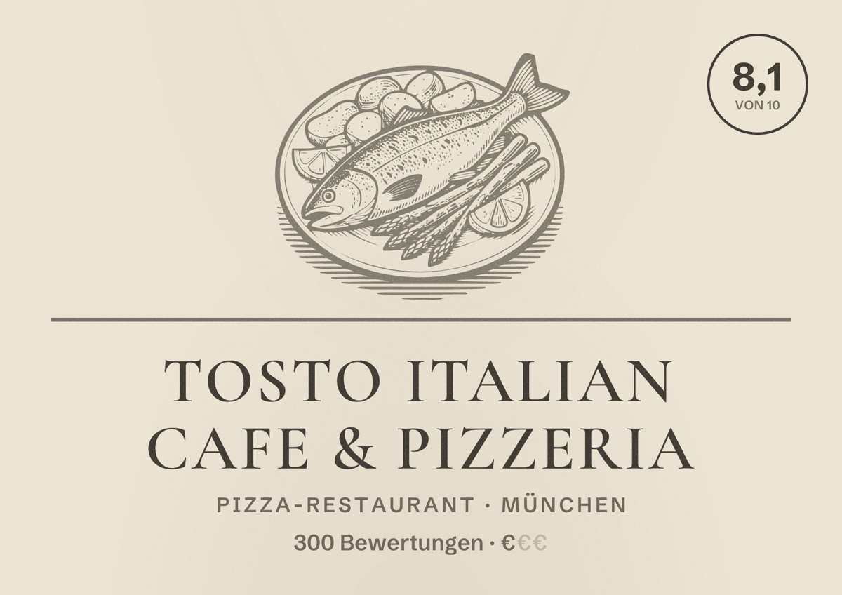 Illustriertes Poster von TOSTO Italian Cafe & Pizzeria, Pizza-Restaurant in München: Bewertung 8,1 von 10 aus 300 Bewertungen, Preisniveau €