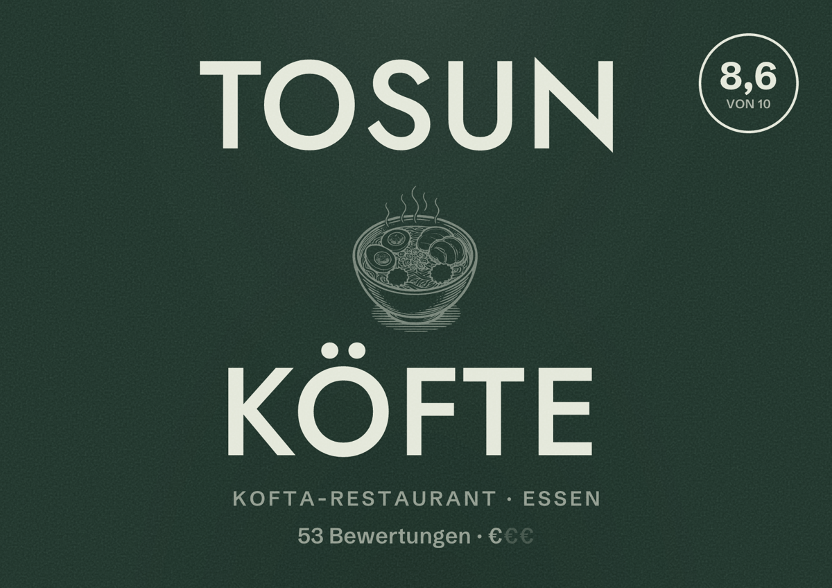 Illustriertes Poster von Tosun Köfte, Kofta-Restaurant in Essen: Bewertung 8,6 von 10 aus 53 Bewertungen, Preisniveau €