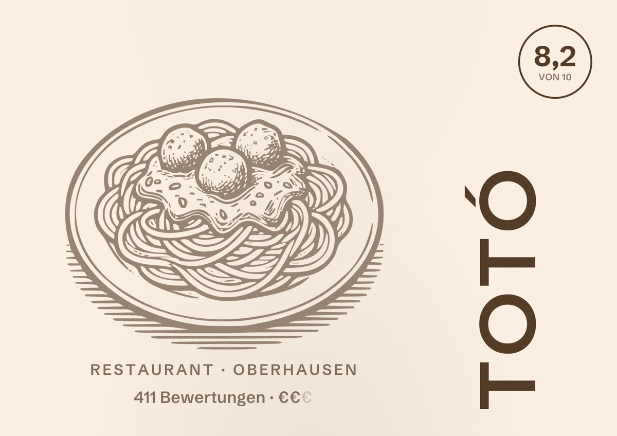 Illustriertes Poster von TOTÓ, Restaurant in Oberhausen: Bewertung 8,2 von 10 aus 411 Bewertungen, Preisniveau €€