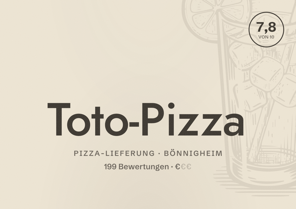 Illustriertes Poster von Toto-Pizza, Pizza-Lieferung in Bönnigheim: Bewertung 7,8 von 10 aus 199 Bewertungen, Preisniveau €