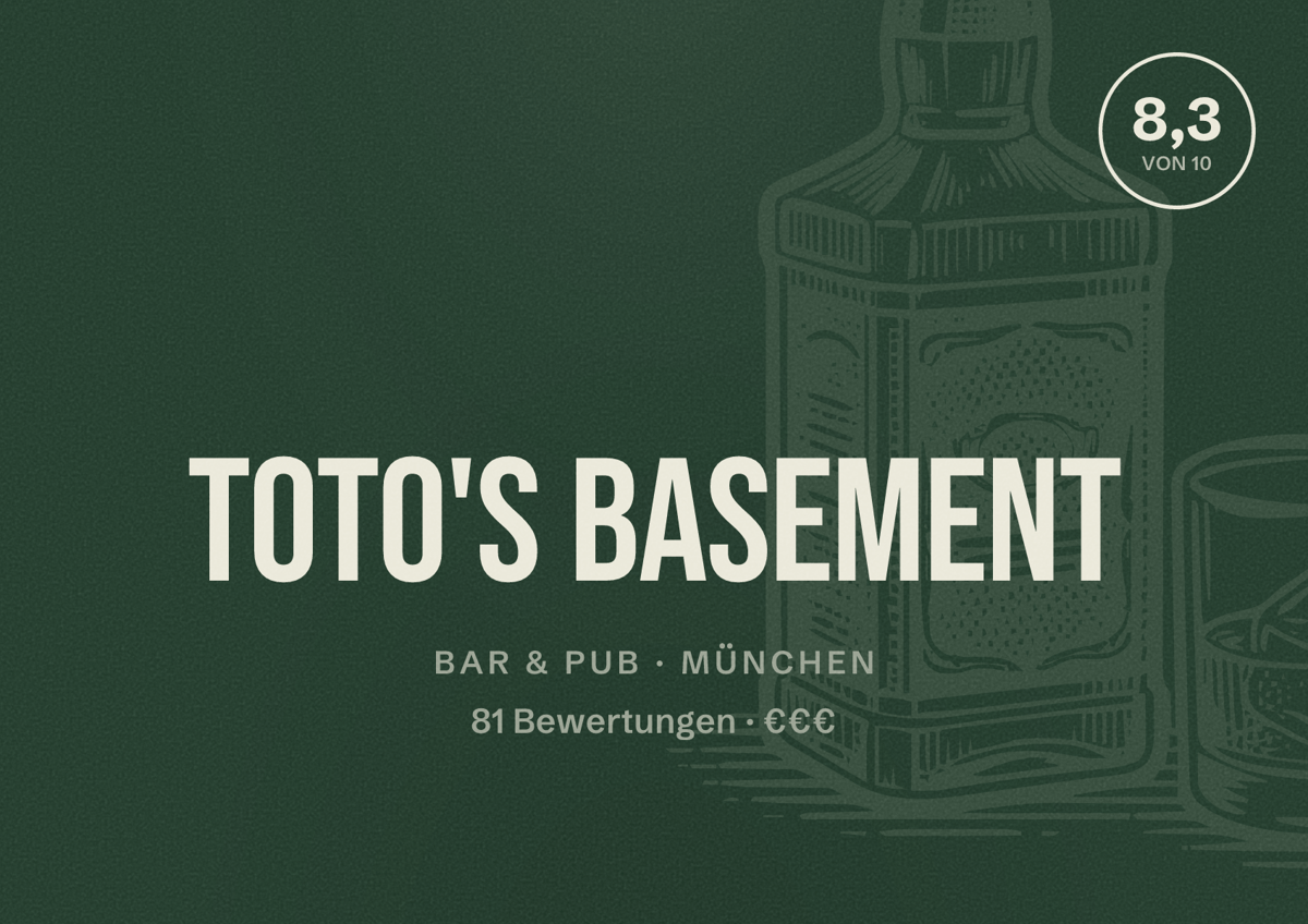 Illustriertes Poster von toto's basement, Bar & Pub in München: Bewertung 8,3 von 10 aus 81 Bewertungen, Preisniveau €€€