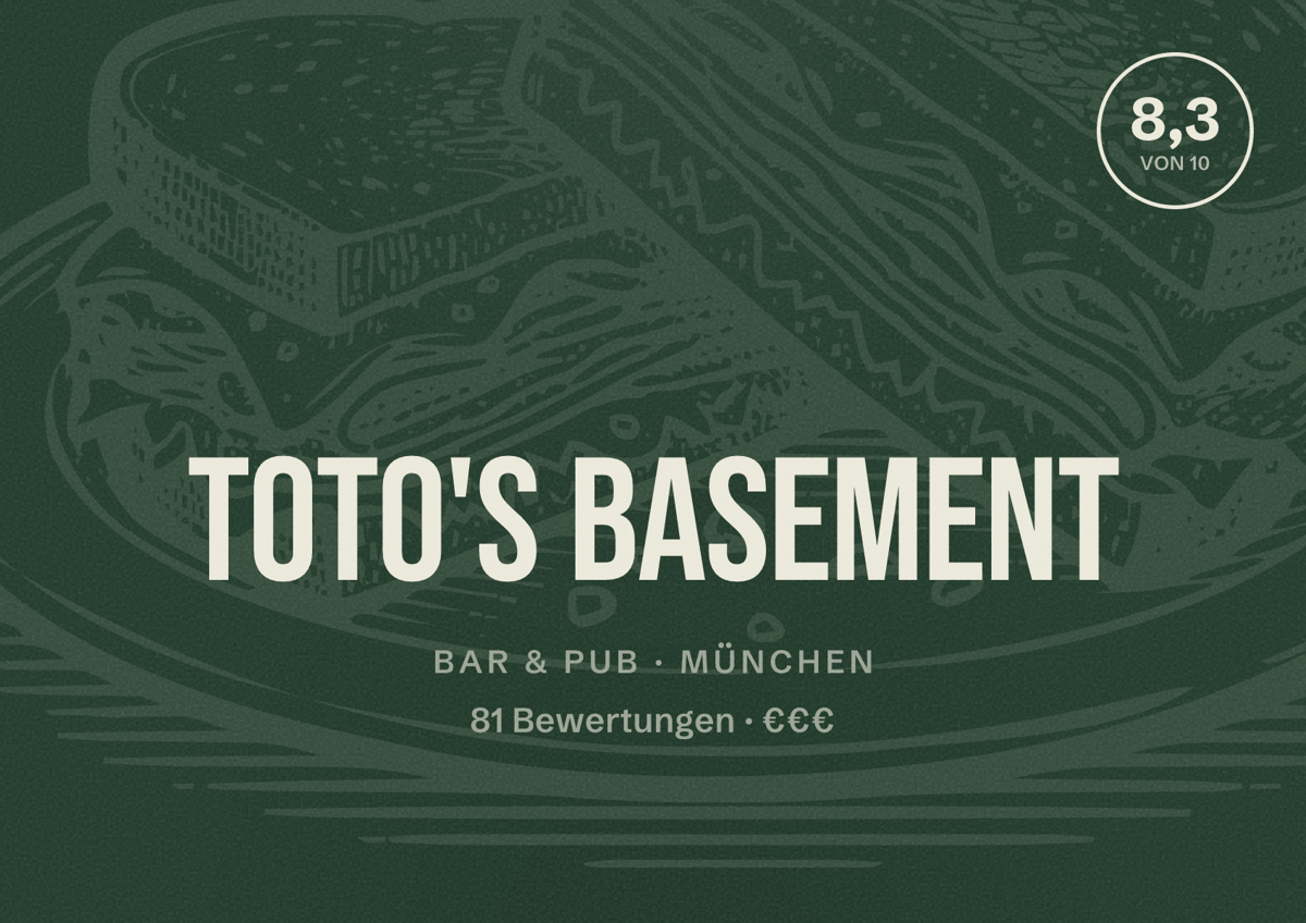 Illustriertes Poster von toto's basement, Bar & Pub in München: Bewertung 8,3 von 10 aus 81 Bewertungen, Preisniveau €€€