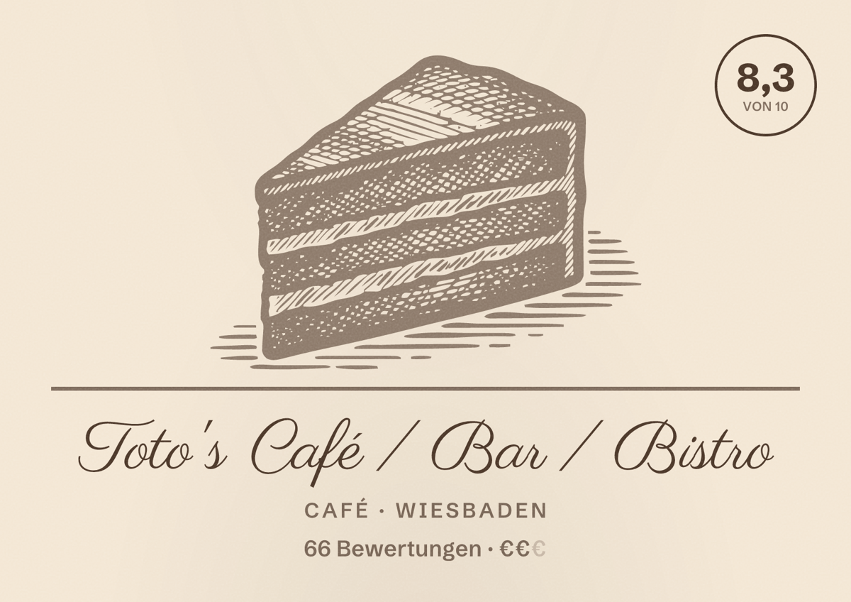 Illustriertes Poster von Toto's Café / Bar / Bistro, Café in Wiesbaden: Bewertung 8,3 von 10 aus 66 Bewertungen, Preisniveau €€
