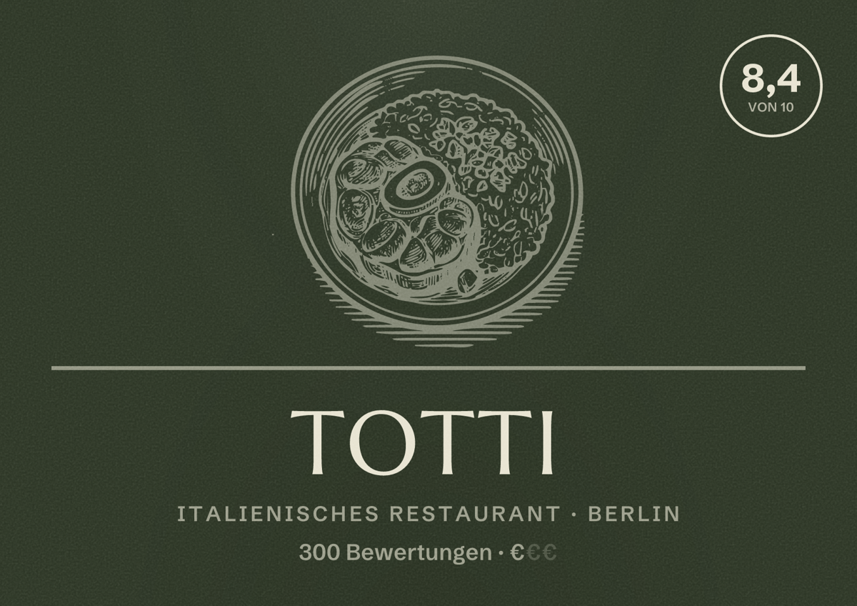 Illustriertes Poster von TOTTI, Italienisches Restaurant in Berlin: Bewertung 8,4 von 10 aus 300 Bewertungen, Preisniveau €