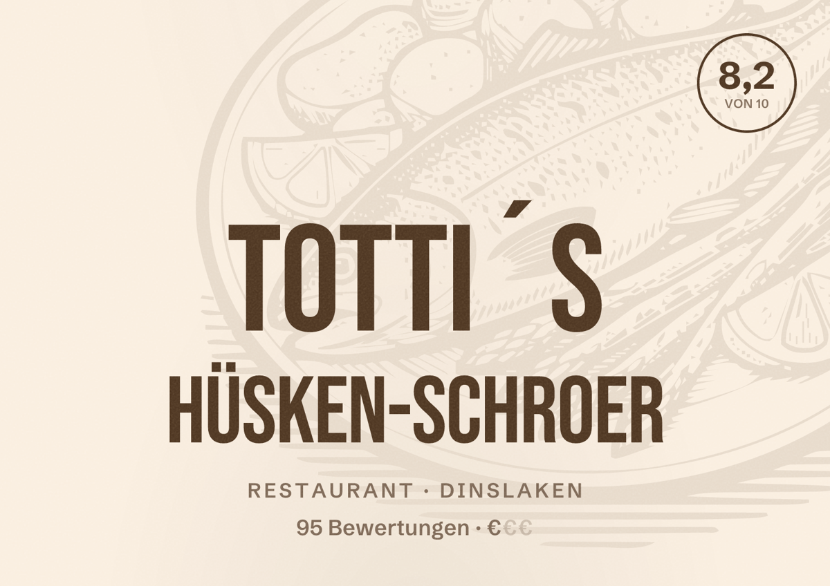 Illustriertes Poster von Totti´s Hüsken-Schroer, Restaurant in Dinslaken: Bewertung 8,2 von 10 aus 95 Bewertungen, Preisniveau €