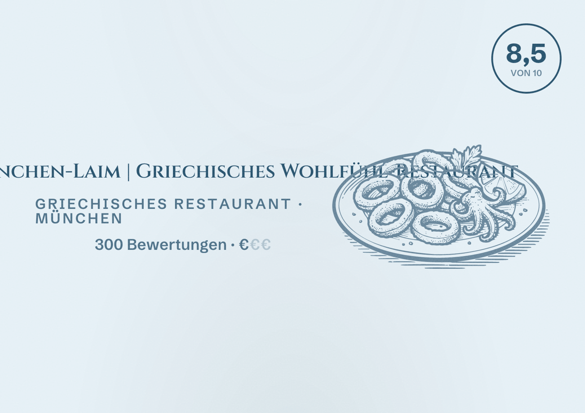 Illustriertes Poster von Tou Bakali München-Laim | Griechisches Wohlfühl-Restaurant, Griechisches Restaurant in München: Bewertung 8,5 von 10 aus 300 Bewertungen, Preisniveau €