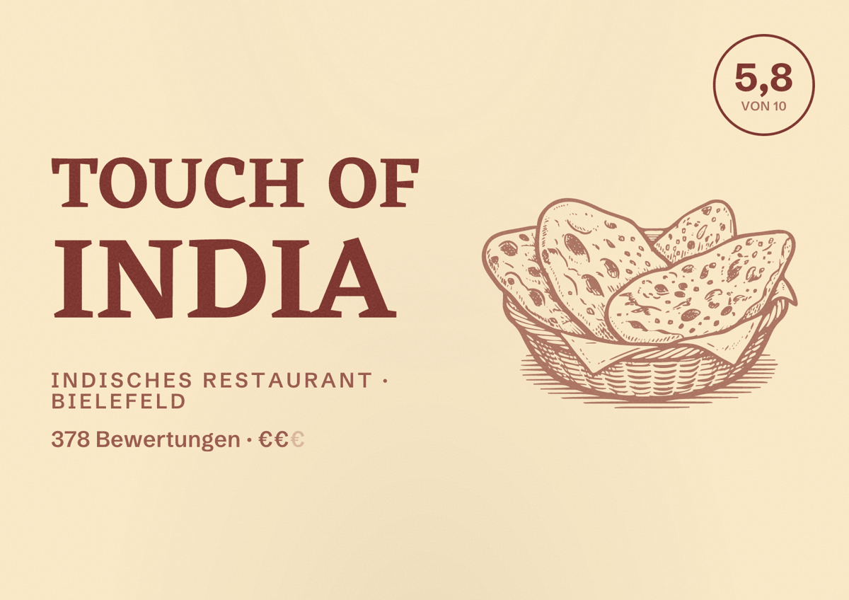 Illustriertes Poster von Touch of India, Indisches Restaurant in Bielefeld: Gästebewertung 5,8 von 10 aus 378 Bewertungen