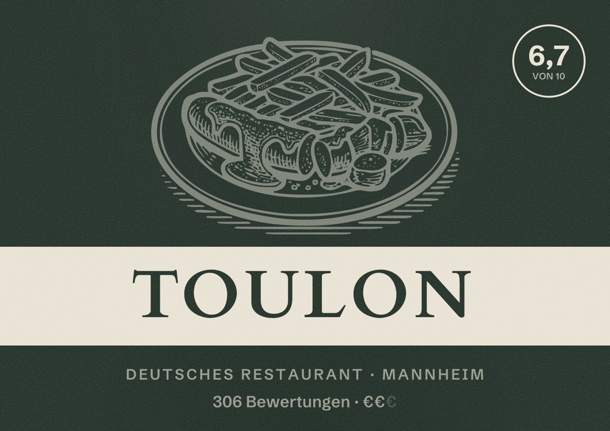 Illustriertes Poster von TOULON, Deutsches Restaurant in Mannheim: Bewertung 6,7 von 10 aus 306 Bewertungen, Preisniveau €€