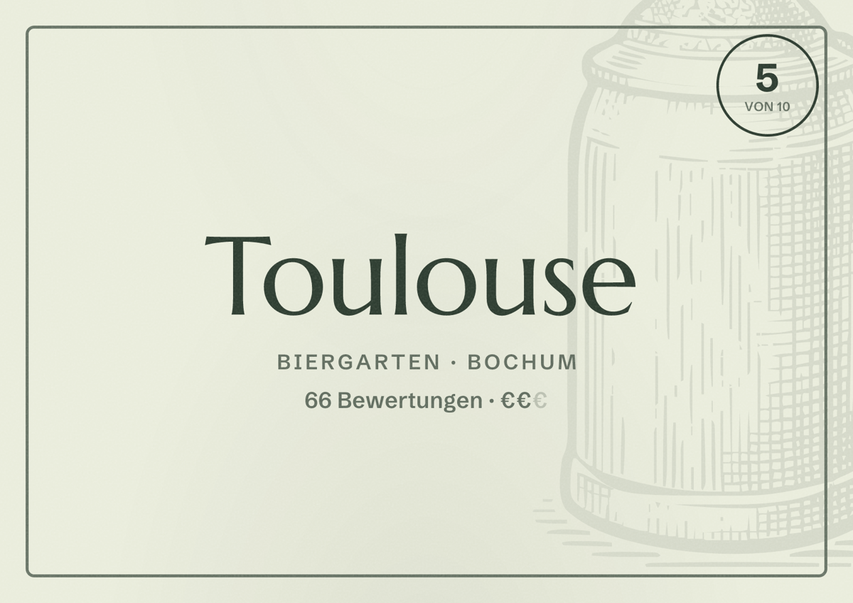 Illustriertes Poster von Toulouse, Biergarten in Bochum: Bewertung 5 von 10 aus 66 Bewertungen, Preisniveau €€