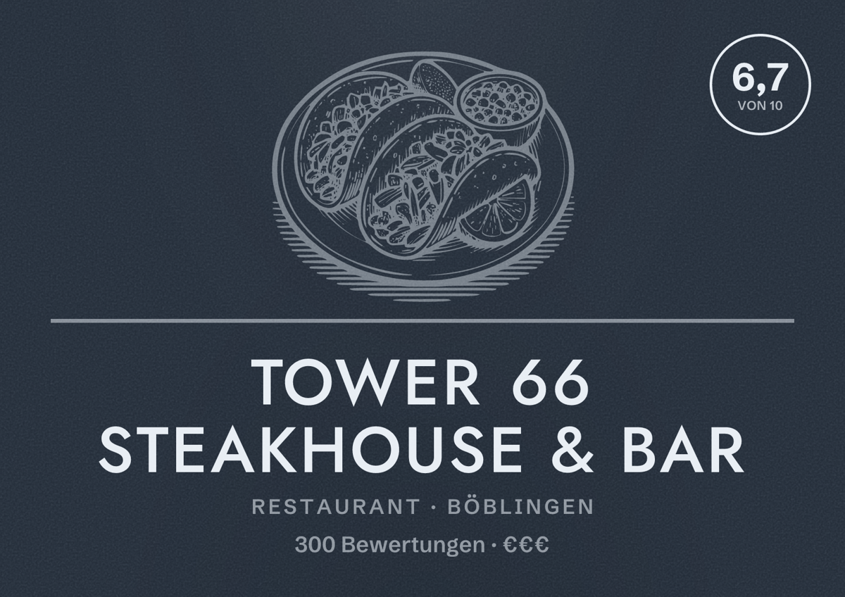 Illustriertes Poster von Tower 66 Steakhouse & Bar, Restaurant in Böblingen: Bewertung 6,7 von 10 aus 300 Bewertungen, Preisniveau €€€