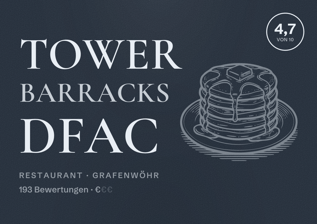 Illustriertes Poster von Tower Barracks DFAC, Restaurant in Grafenwöhr: Bewertung 4,7 von 10 aus 193 Bewertungen, Preisniveau €